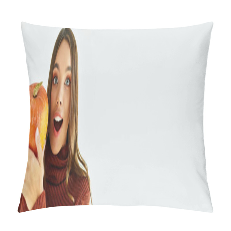 Personality  A Young Woman In A Festive Halloween Outfit Holds A Pumpkin, Radiating Excitement And Joy. Pillow Covers