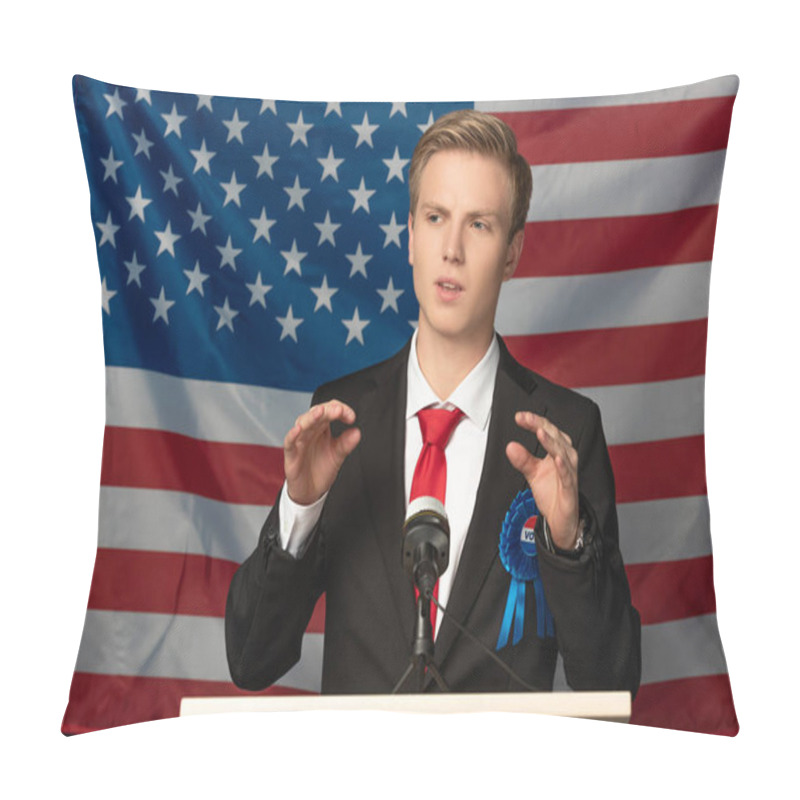 Personality  Emotional Man On Tribune During Speech On American Flag Background Pillow Covers