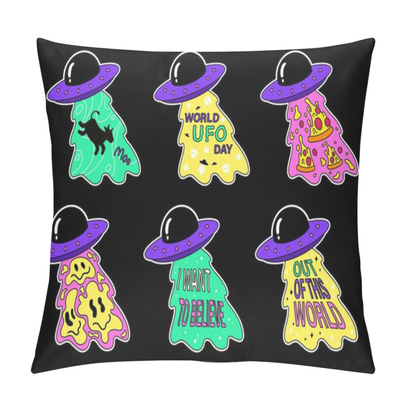 Personality  Set Of Ufo Alien Spaceship Groovy Print For T Shirt. Stickers With Inscription, Emojis, Pizza And Cow. Design Element For Print On Fabric. Cartoon Flat Vector Collection Isolated On Black Background Pillow Covers