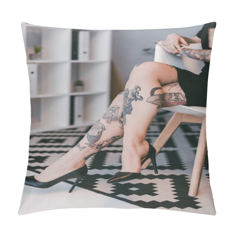 Personality  Cropped Shot Of Young Businesswoman With Tattoos Sitting On Chair In Office Pillow Covers