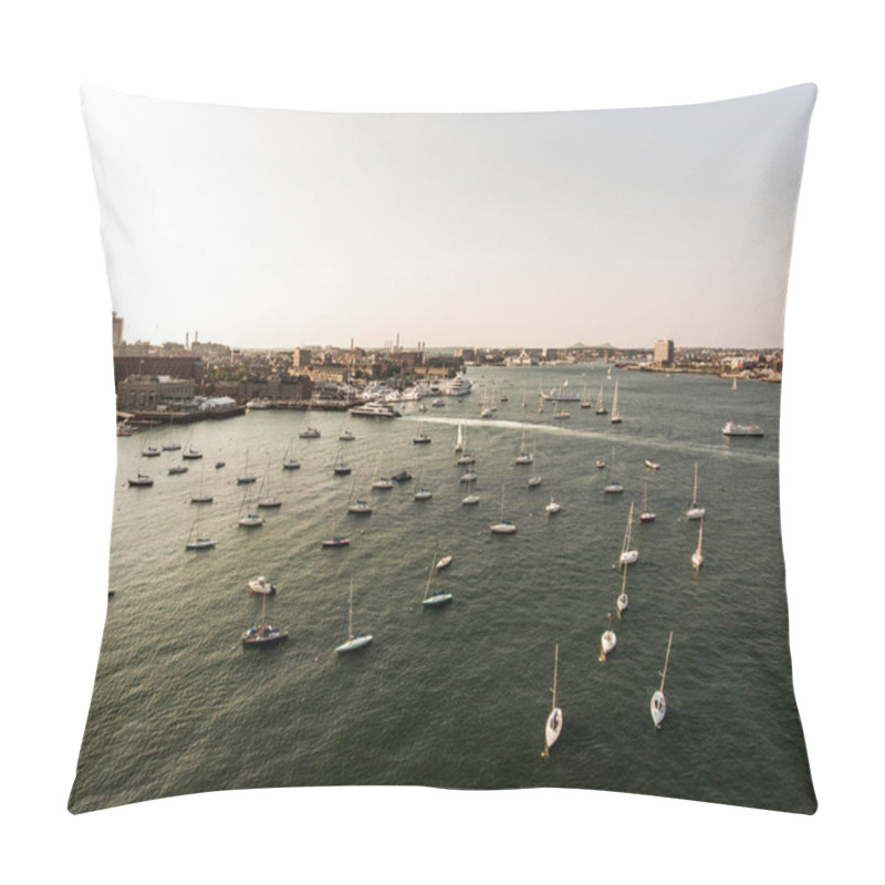 Personality  Helicopter Flight Aerial View Image Boston MA, USA During Sunset Harbor With Boats Near Waterfront Bay Pillow Covers