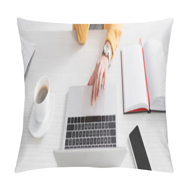 Personality  Partial View Of Freelancer Near Laptop, Mobile Phone, Notebook And Coffee On Desk, Banner Pillow Covers