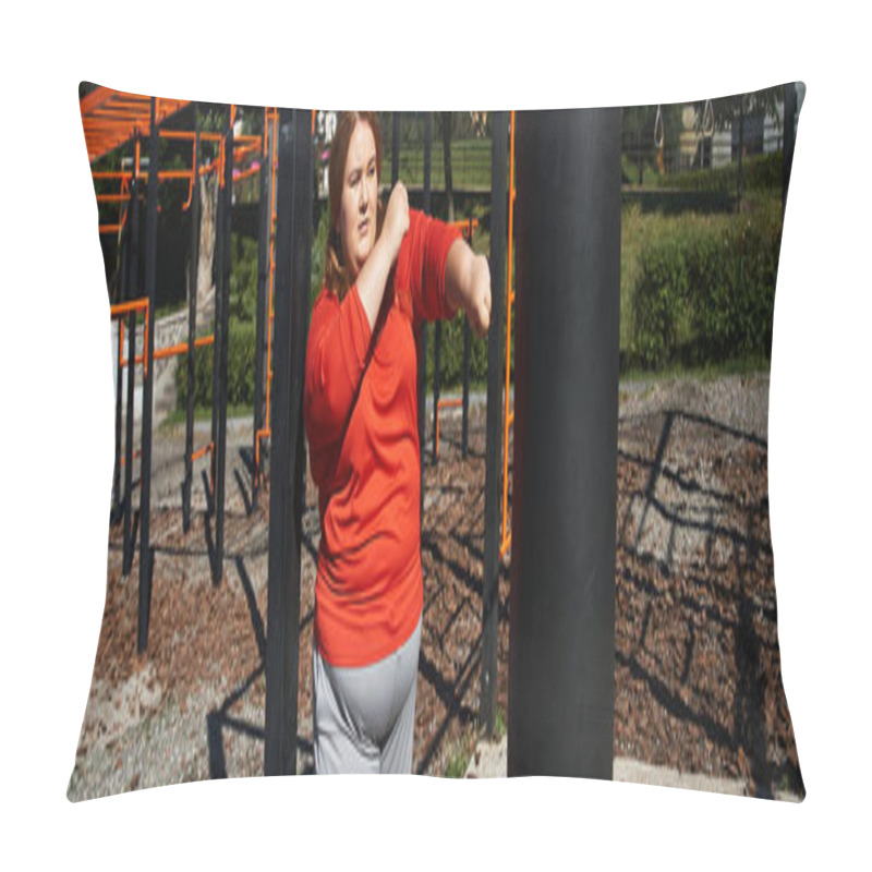 Personality  A Confident Woman Exercises Energetically In An Outdoor Fitness Area. Pillow Covers