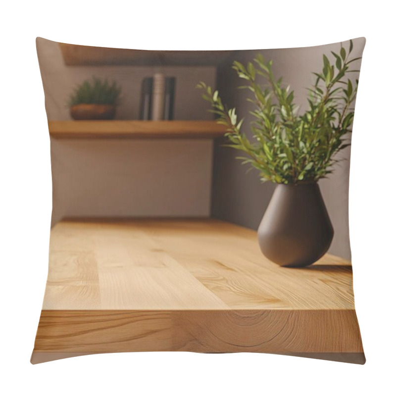 Personality  Elegant Wooden Table With A Modern Vase And Greenery In A Minimalist Setting. Pillow Covers