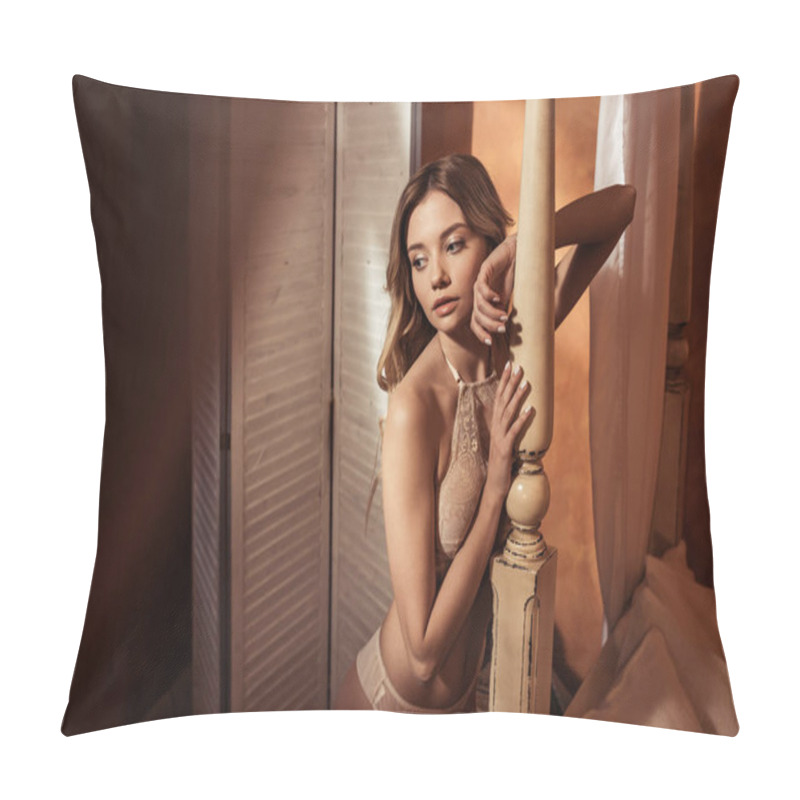 Personality  Seductive Young Female Model In Beige Lingerie Posing Near Bed  Pillow Covers