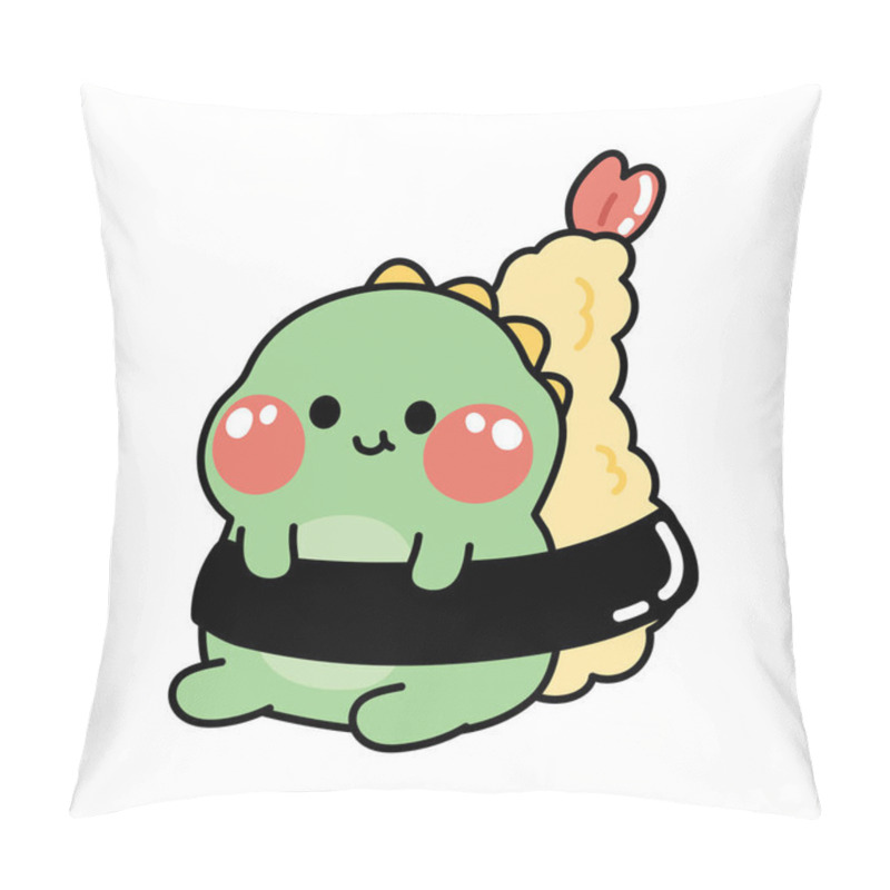 Personality  Cute Dinosaur With Tempura Sit On White Background.Animal Character Cartoon.Japanese Food.Kid Graphic Design.Isolated.Kawaii.Vector.Illustration. Pillow Covers