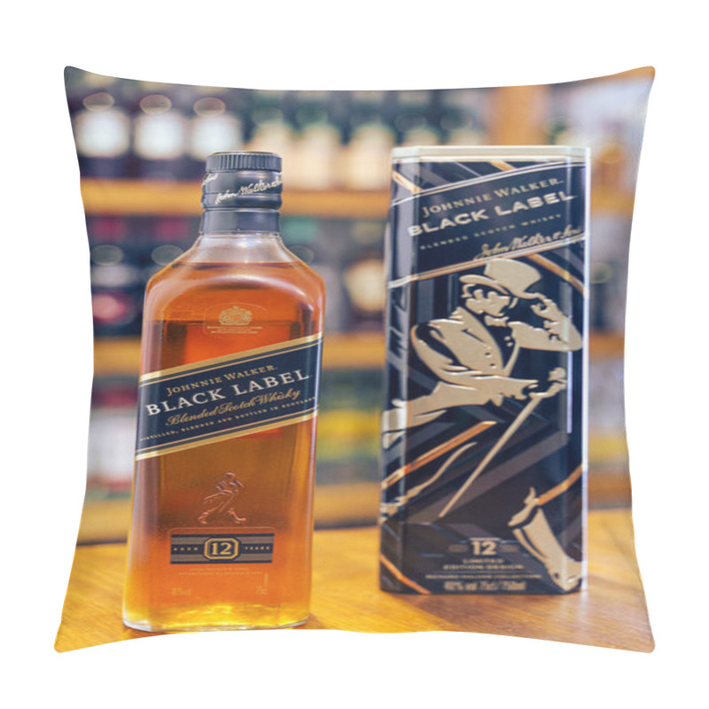 Personality  Whisky Johnnie Walker Black Label Bottle On Wooden Bar With Out Of Focus Pub Background. Pillow Covers