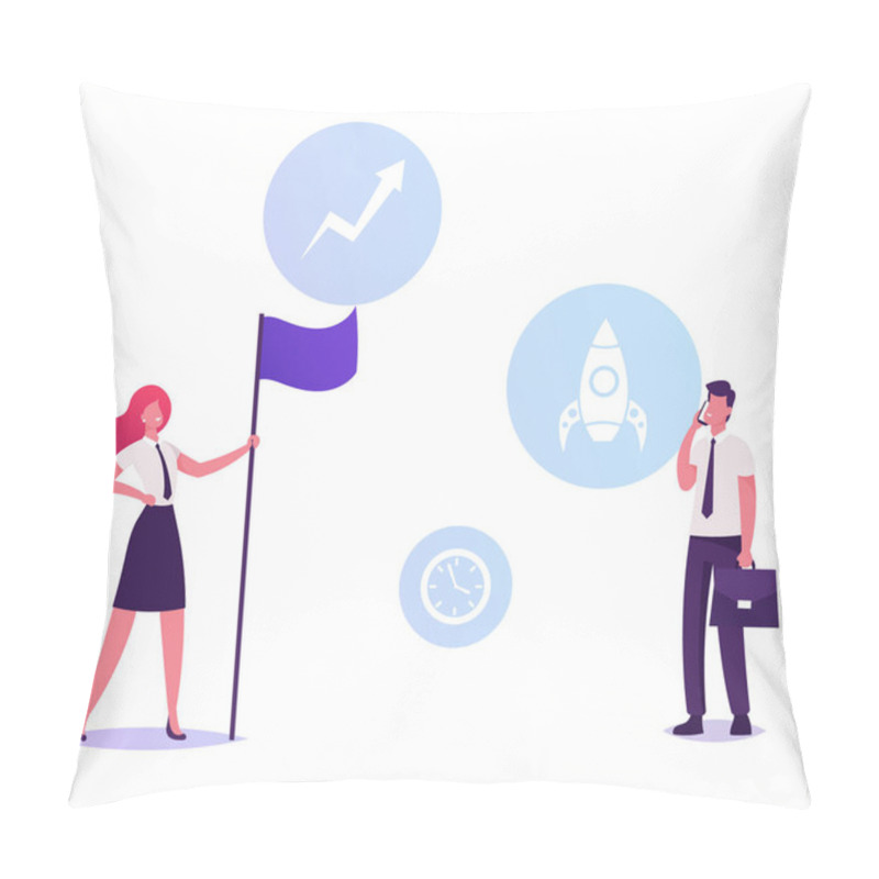 Personality  Shareholder Businesswoman In Formal Wear Hold Flag, Businessman With Briefcase Talking To Mobile Phone Discussing Start Up Project, Investment And Corporate Situation. Cartoon Flat Vector Illustration Pillow Covers