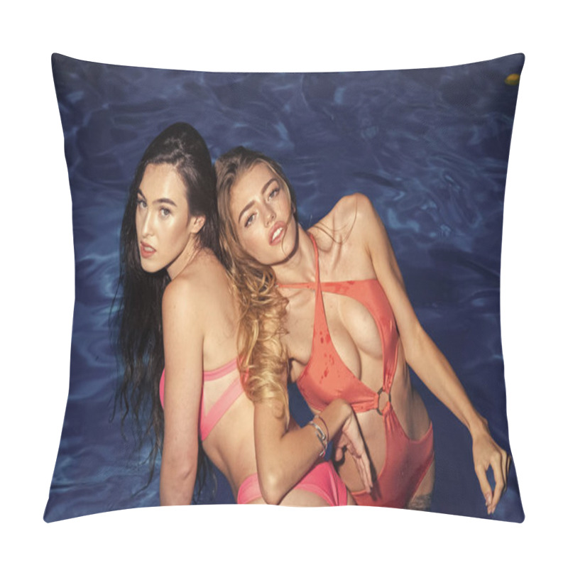 Personality  Friends Swim In Swimming Pool, Blonde And Brunette Girl Pillow Covers