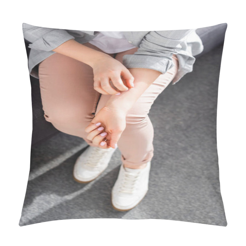 Personality  Top View Of Woman Scratching Hand While Sitting On Sofa  Pillow Covers