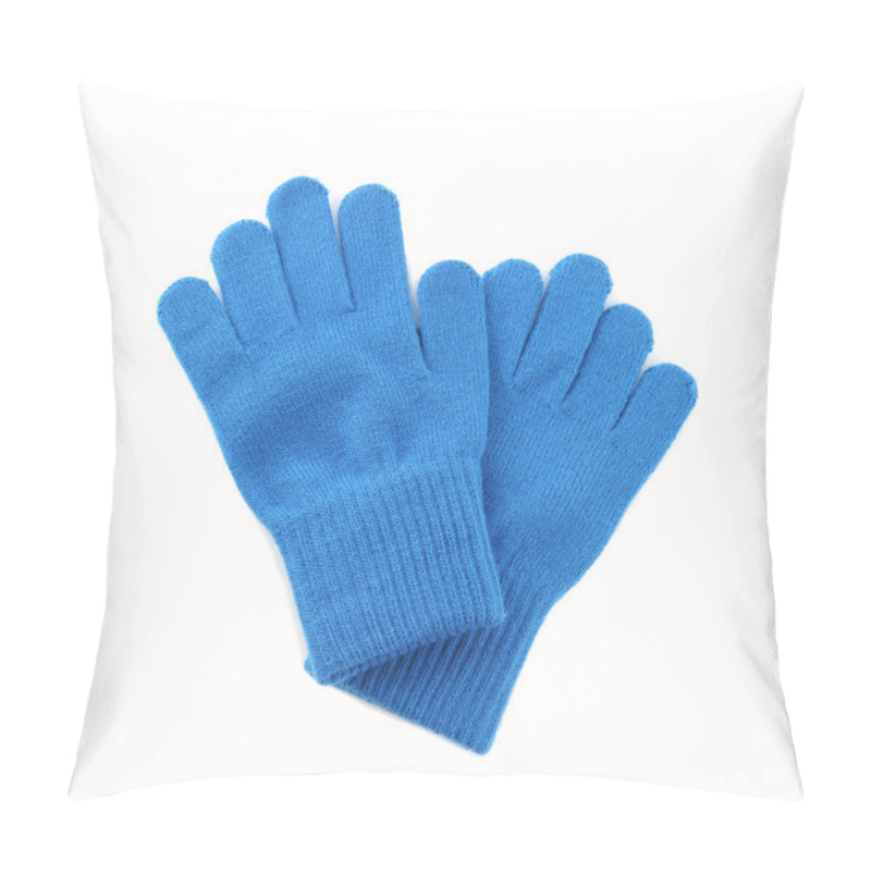 Personality  Blue Woolen Gloves On White Background, Top View. Winter Clothes Pillow Covers