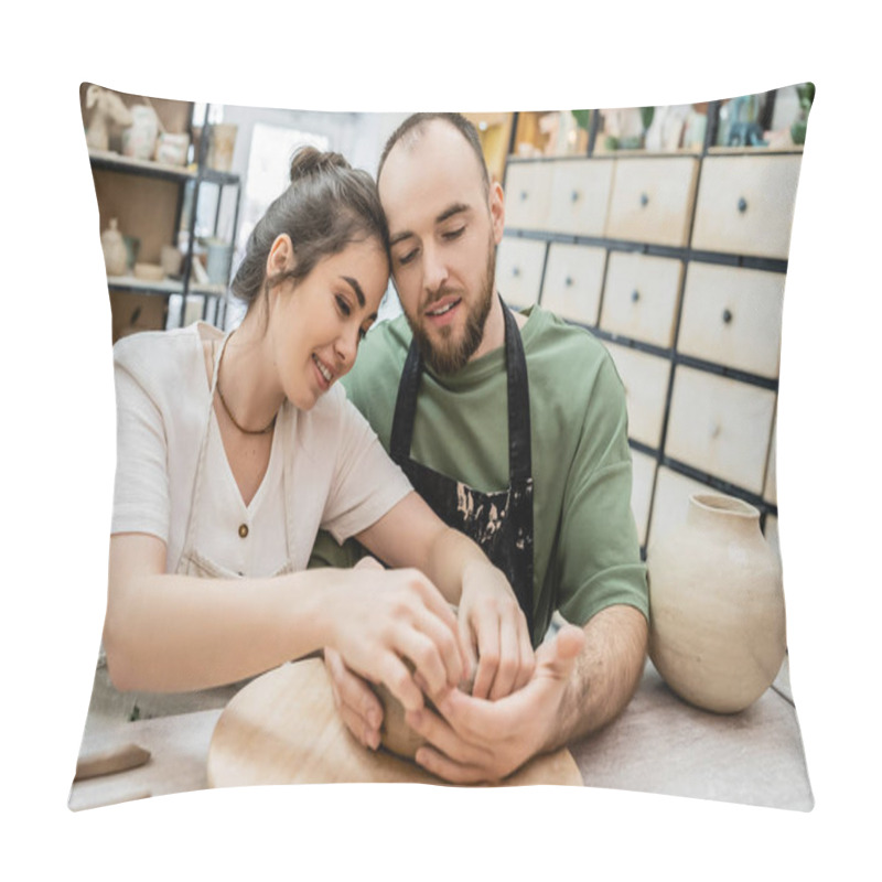 Personality  Positive Romantic Couple Of Potters Making Clay Bowl In Ceramic Workshop At Background Pillow Covers