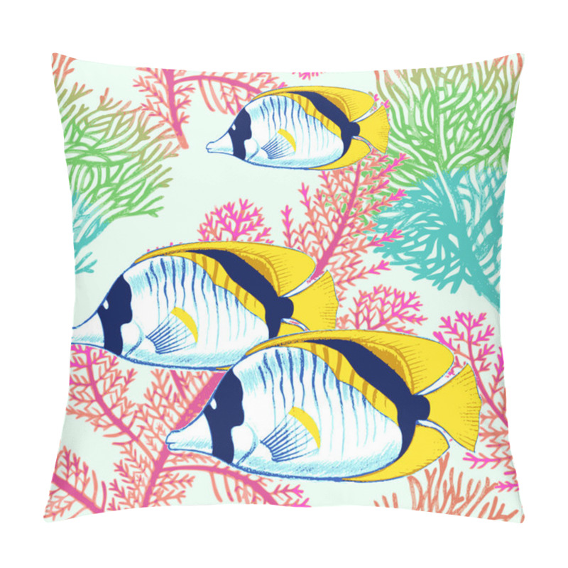 Personality  Seamless Vector Pattern With Fish And Corals. Pillow Covers