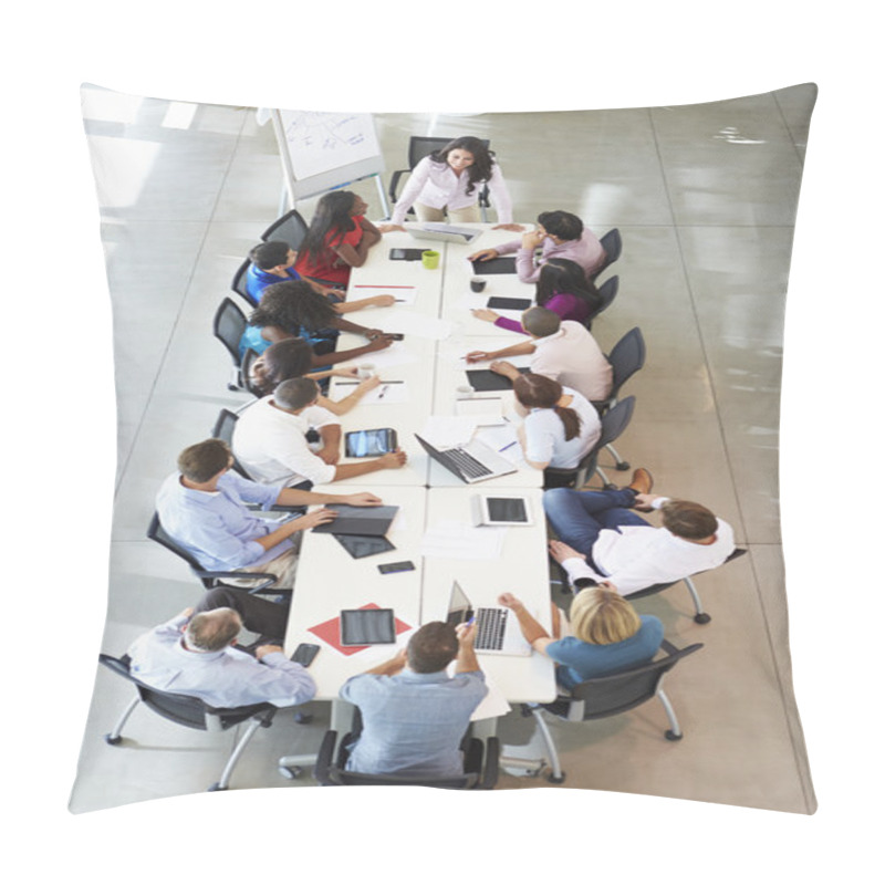 Personality  Businesswoman Addressing Meeting Around Boardroom Table Pillow Covers