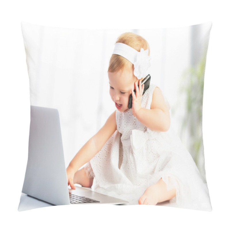 Personality  Baby Girl With Computer Laptop, Mobile Phone Pillow Covers