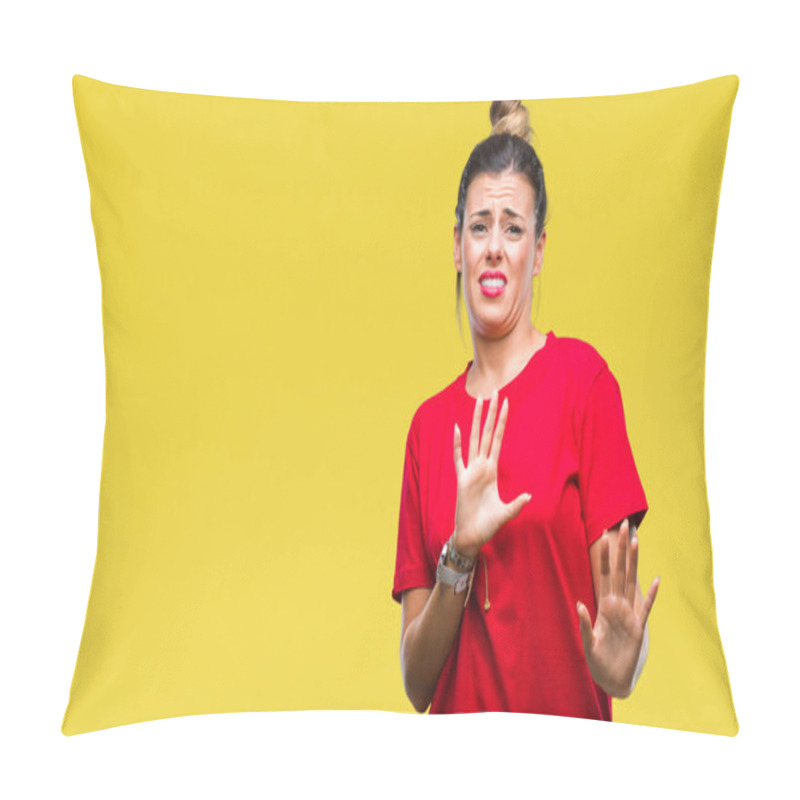 Personality  Young Beautiful Woman Over Isolated Background Disgusted Expression, Displeased And Fearful Doing Disgust Face Because Aversion Reaction. With Hands Raised. Annoying Concept. Pillow Covers