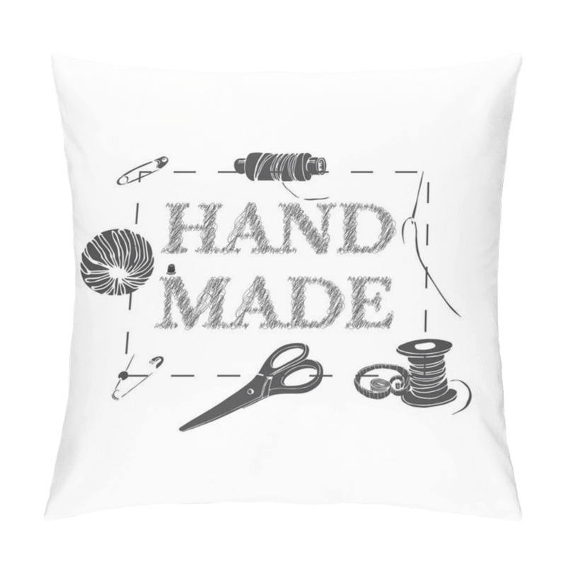 Personality  Composition With Inverted  Items For Sewing. Hand Drawn Monochrome Sketch Of Different Elements Isolated On White Background.  Pillow Covers