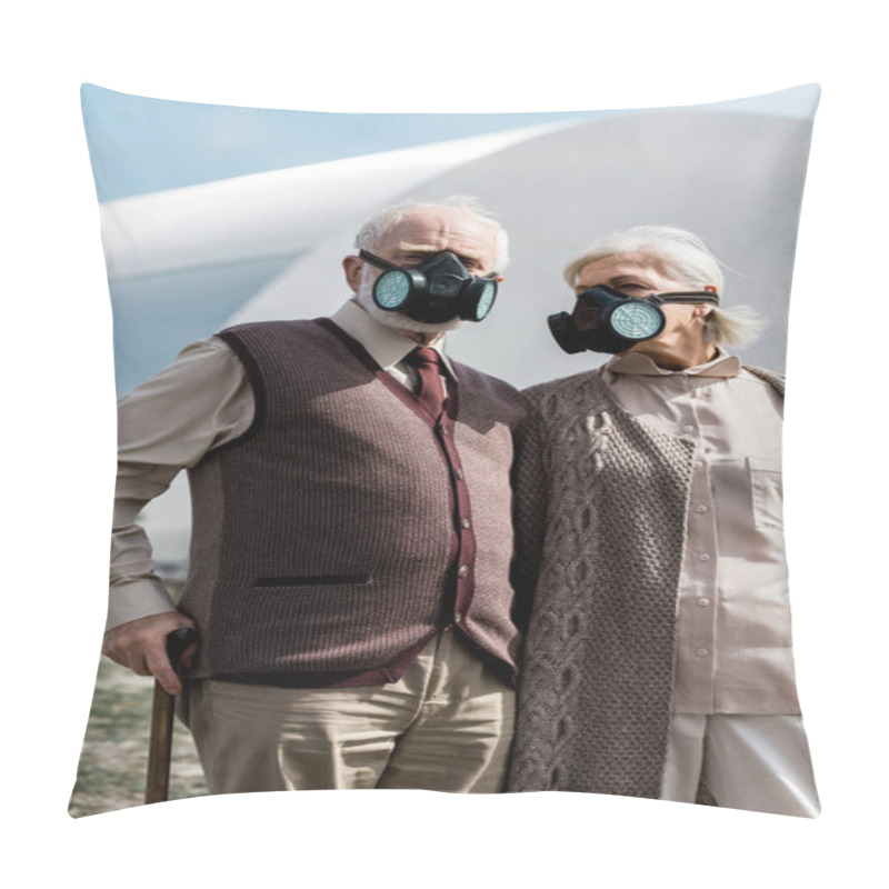 Personality  PRIPYAT, UKRAINE - AUGUST 15, 2019: Senior Husband And Wife In Protective Masks Standing Near Abandoned Chernobyl Reactor  Pillow Covers