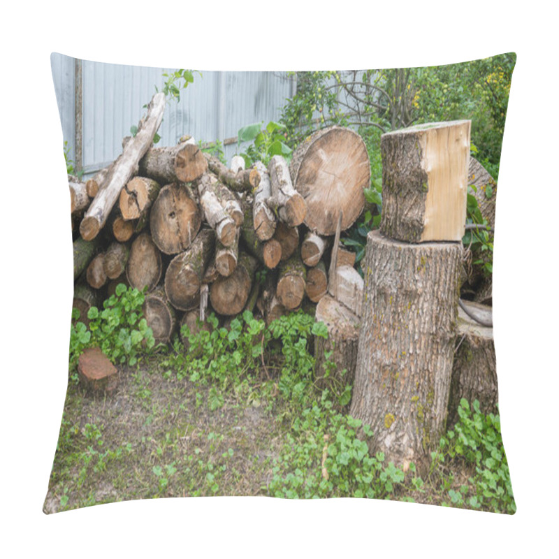 Personality  Sawn Firewood Stacked In A Pile On The Ground, Surrounded By Green Grass. High Quality Photo Pillow Covers