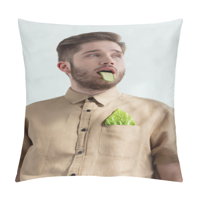 Personality  Portrait Of Man With Cucumber Slice In Mouth And Savoy Cabbage Leaf In Pocket, Vegan Lifestyle Concept  Pillow Covers