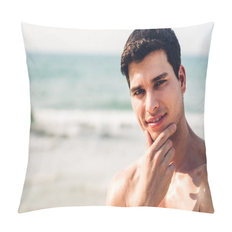 Personality  Portrait Of Smiling Handsome Sexy Man Showing Muscular Fit Body  Pillow Covers