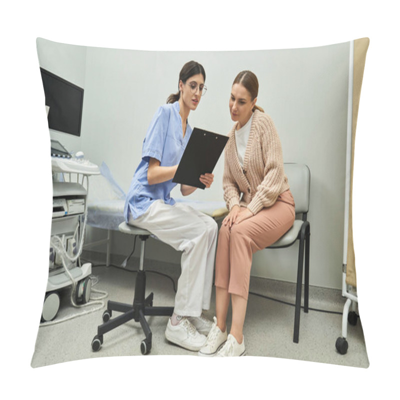 Personality  Doctor Explains Diagnostic Results To Female Patient In A Private Clinic Consultation Room. Pillow Covers