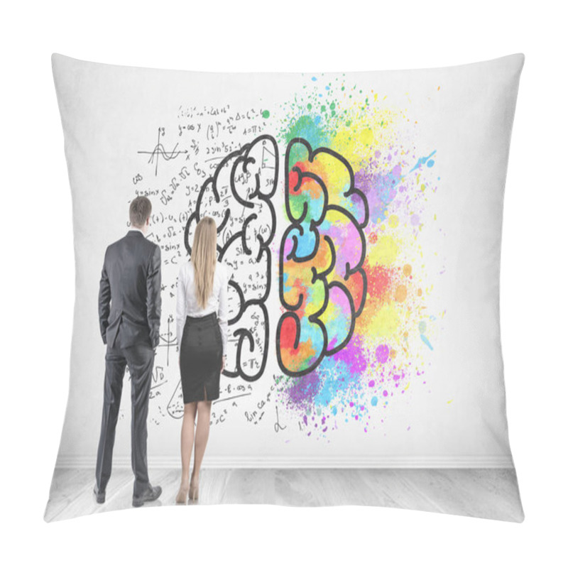 Personality  Rear View Of Young And Successful Business Partners Wearing Suits Looking At A Concrete Wall With A Colorful Brain Sketch, Formula And Color Splashes. Creativity In Business Concept Pillow Covers