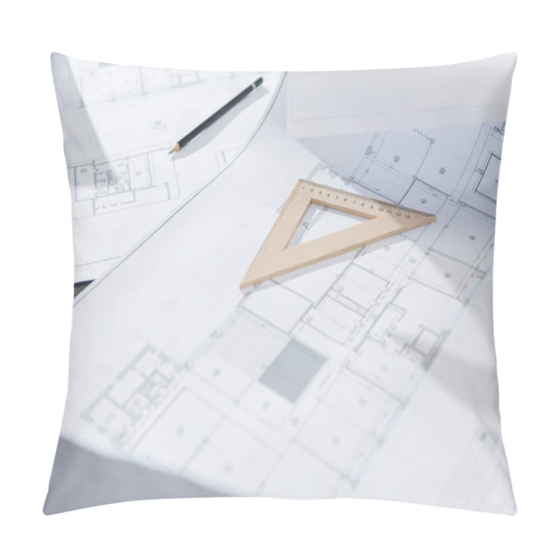 Personality  Close-up Shot Of Architecture Plans And Drawing Supplies On Table Pillow Covers