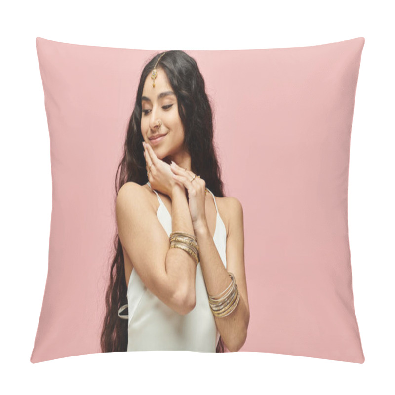 Personality  A Beautiful Indian Woman Poses Gracefully In A White Dress Against A Pink Background. Pillow Covers