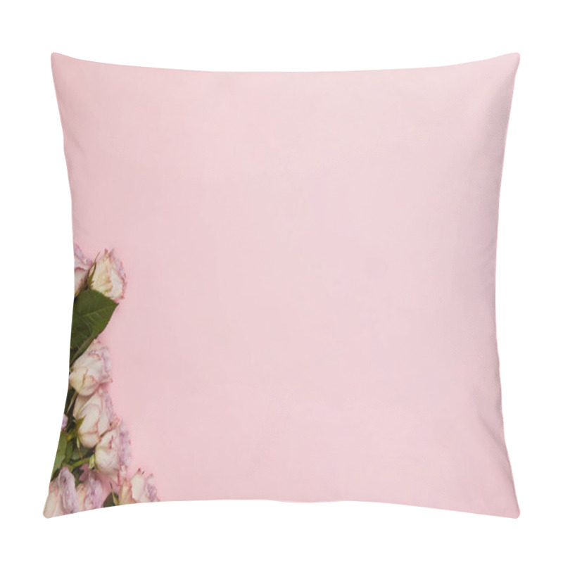 Personality  Top View Of Beautiful Pink Roses With Green Leaves On Pink Background With Copy Space Pillow Covers