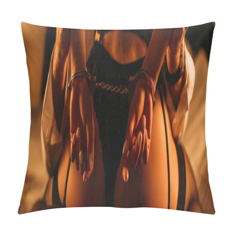 Personality  Cropped View Of Hot Girl In Handcuffs Sitting On Businessman In Bedroom, Panoramic Shot Pillow Covers