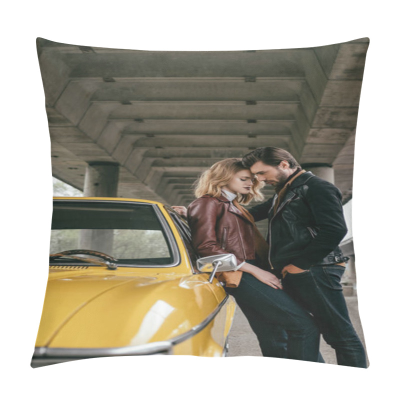 Personality  Side View Of Stylish Young Couple Hugging Near Yellow Old-fashioned Automobile Pillow Covers