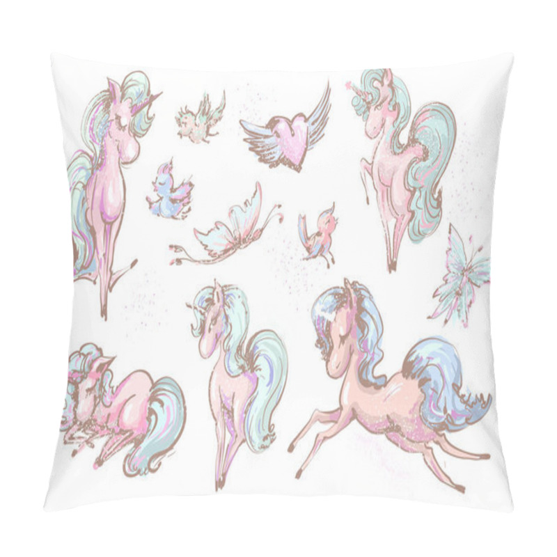 Personality  Cute Unicorns , Butterflies And Birds Collection , Vector Sketchy Illustration Set Of Little Unicorns Pillow Covers