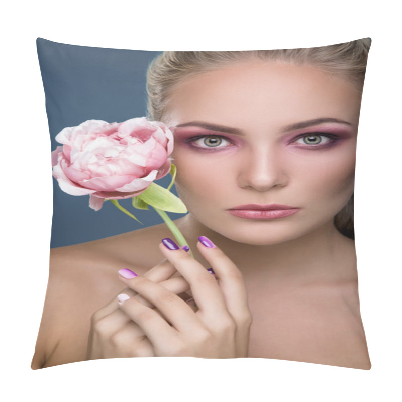 Personality  Blonde Woman Holding Peony Pillow Covers