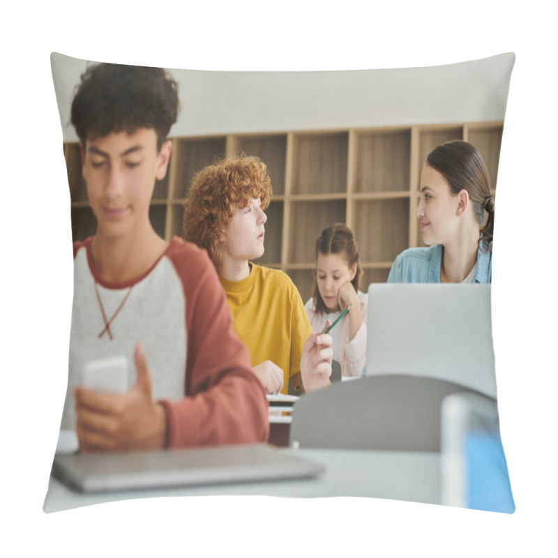 Personality  Redhead Teen Schoolboy Holding Pencil And Talking To Classmate Near Devices During Lesson In Class Pillow Covers