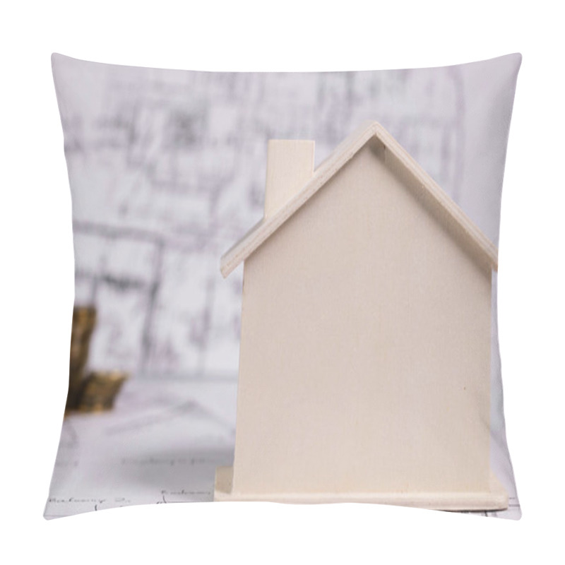 Personality  Small Wooden House On A Technical Drawing. Closeup Pillow Covers