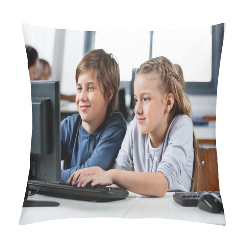 Personality  Boy And Girl Using Desktop Pc In School Computer Lab Pillow Covers