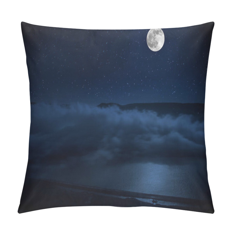 Personality  This Dramatic Moon Rise In A Deep Blue Night Time Sky Is Accented By Highlighted Clouds And Beautiful, Calm Lake Reflection.Selective Focus Pillow Covers