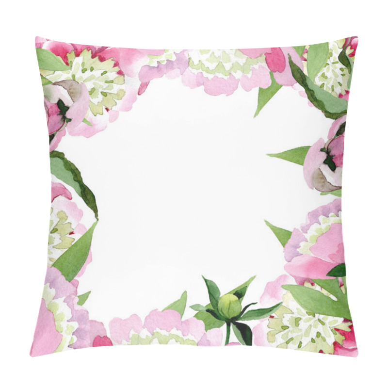 Personality  Beautiful Pink Peony Flowers With Green Leaves Isolated On White Background. Watercolour Drawing Aquarelle. Frame Border Ornament. Pillow Covers