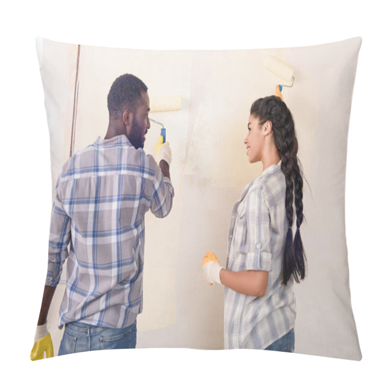 Personality  Young Happy Couple Painting Wall While Making Renovation Of Home Pillow Covers