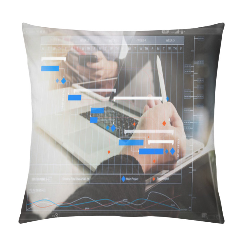 Personality  Project Manager Working And Update Tasks With Milestones Progress Planning And Gantt Chart Scheduling Virtual Diagram.Business Team Meeting Present. Photo Professional Investor Working With New Startup Project. Pillow Covers