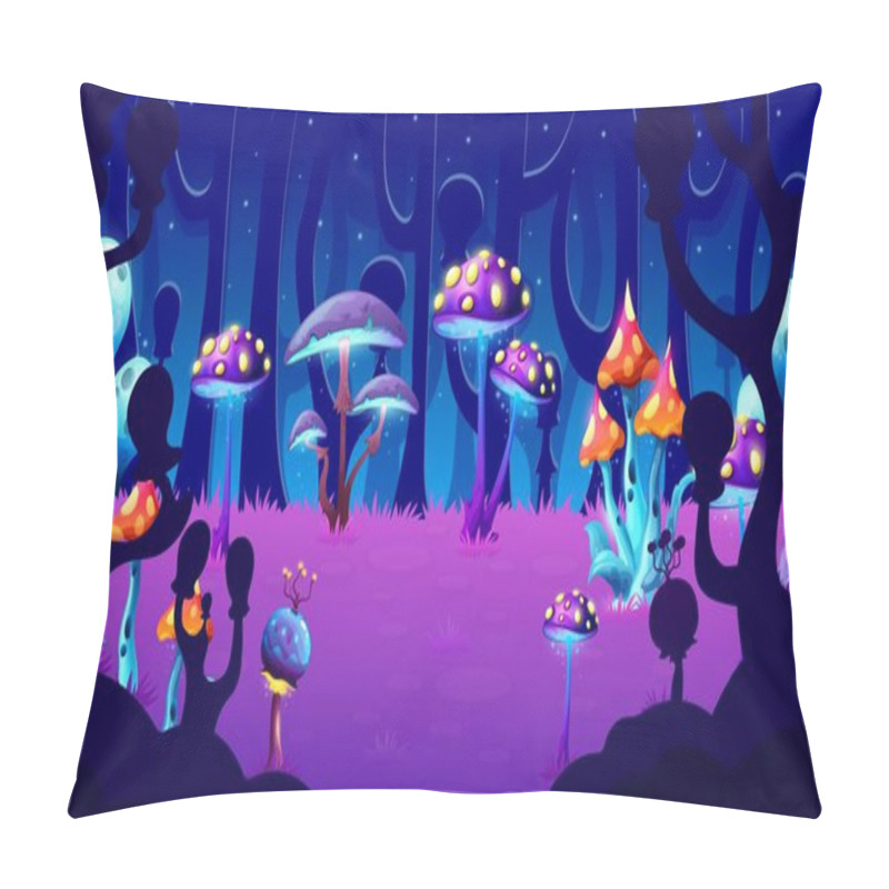 Personality  Fantasy Alien Mushrooms In Forest, Game Level Landscape Or Scene Location. Fairy Cartoon Luminous Mushrooms And Neon Sparkling Toadstools On Alien Planet Forest Vector Background For Game Pillow Covers