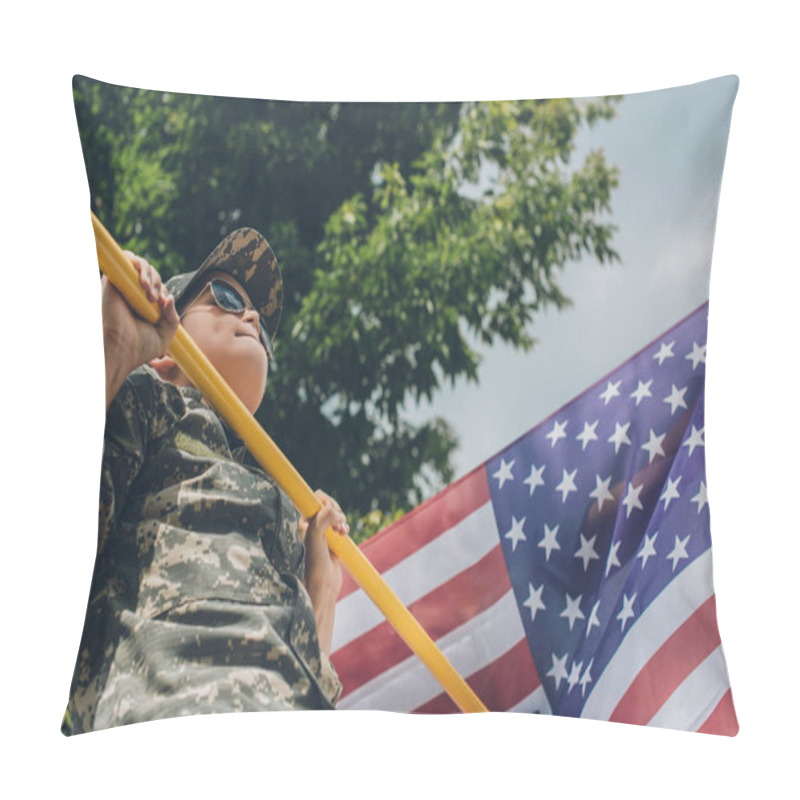 Personality  Low Angle View Of Boy In Sunglasses Pulling Himself Up On Crossbar With American Flag On Backdrop Pillow Covers