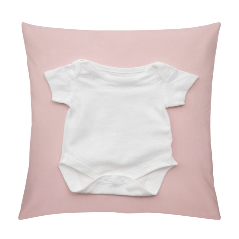 Personality  Cute Baby White Body Suit Layout On A Pastel Pink Background Pillow Covers