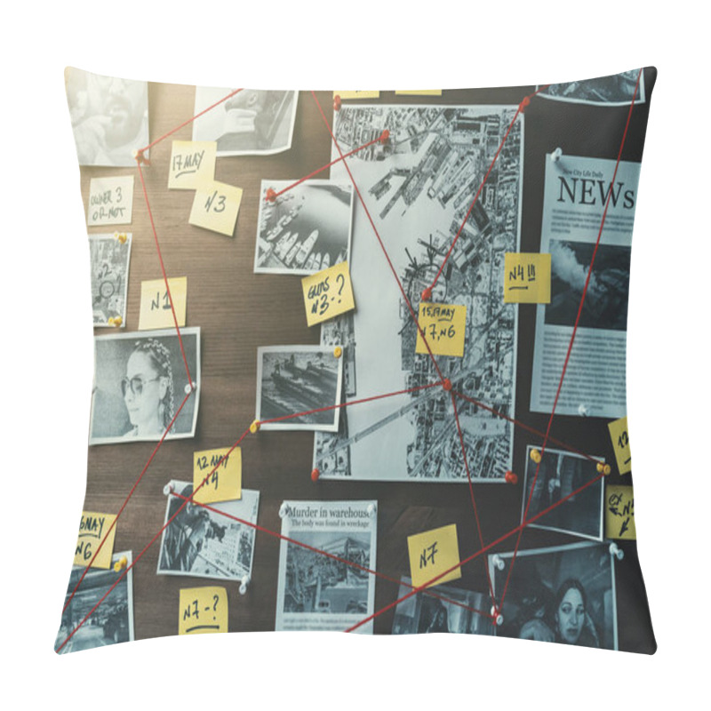 Personality  Detective Board With Photos Of Suspected Criminals, Crime Scenes And Evidence With Red Threads, Toned Pillow Covers