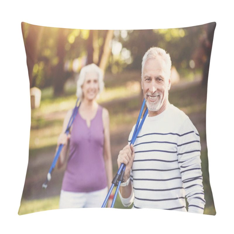 Personality  Cheerful Handsome Man Holding Walking Poles Pillow Covers