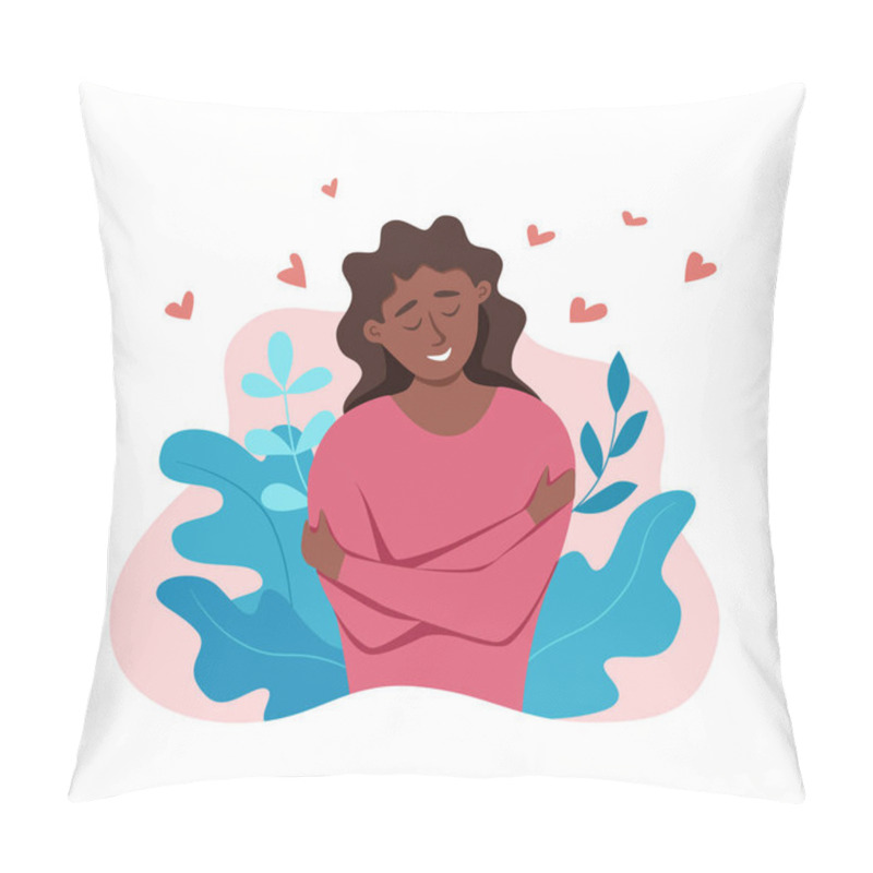 Personality  Love Yourself African American Woman Hugging Herself With Enjoying Emotions Vector Illustration. Pillow Covers