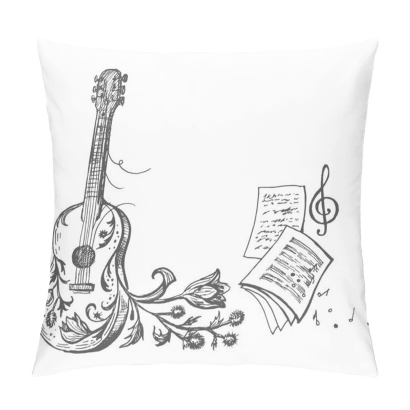 Personality  Vector Image Of A Guitar With Flowers And Musical Notation With A Treble Clef And Scattering Notes. Pillow Covers