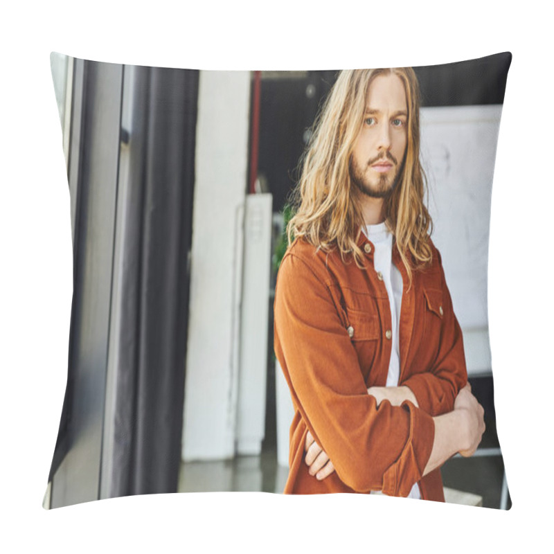 Personality  Serious And Fashionable Bearded Entrepreneur With Long Hair Wearing Trendy Shirt, Standing With Crossed Arms And Looking At Camera In Contemporary Office, Hipster Style, Modern Businessman Pillow Covers