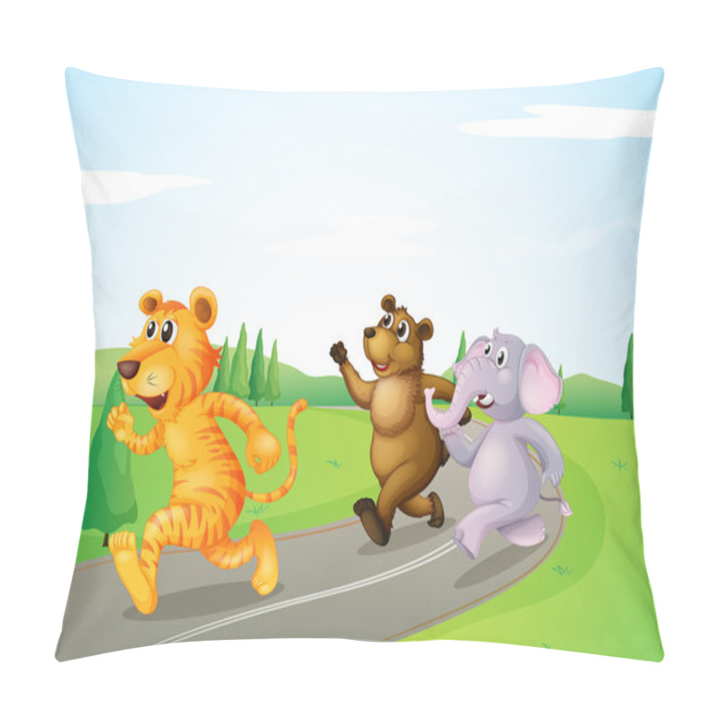 Personality  A Tiger, A Bear And An Elephant Running Along The Road Pillow Covers